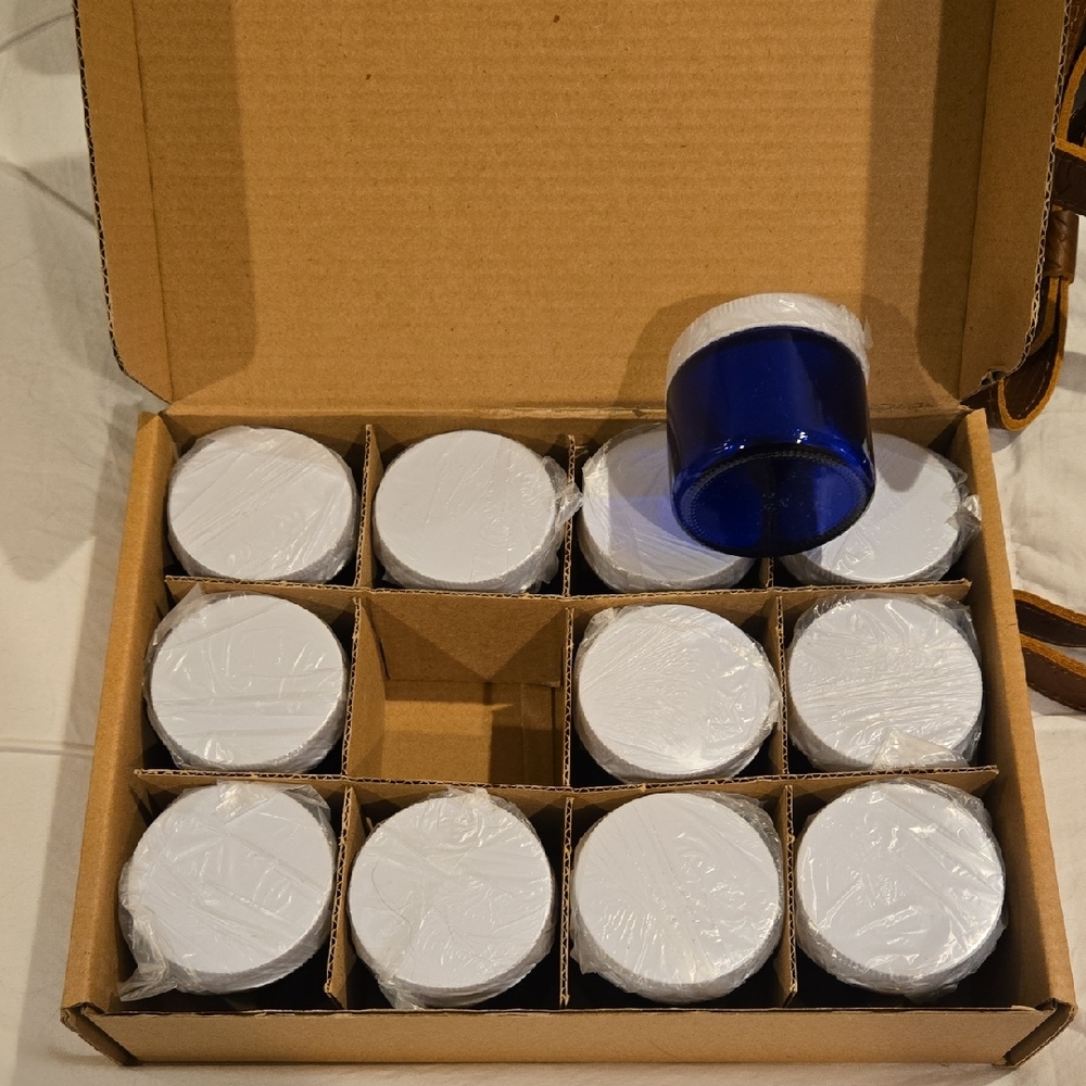 Set of 12 Blue Glass 2oz Jars with White Lids
